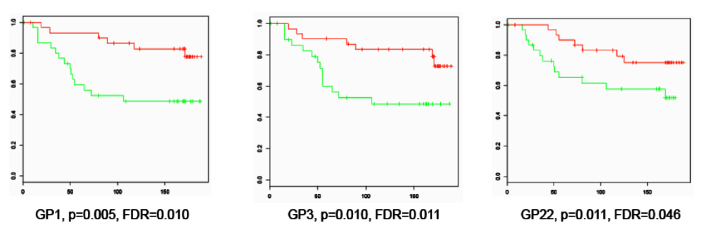 三种聚糖结构(GP1、GP3和GP22)在预后好的患者血清中丰度高，在预后差的患者血清中丰度低。