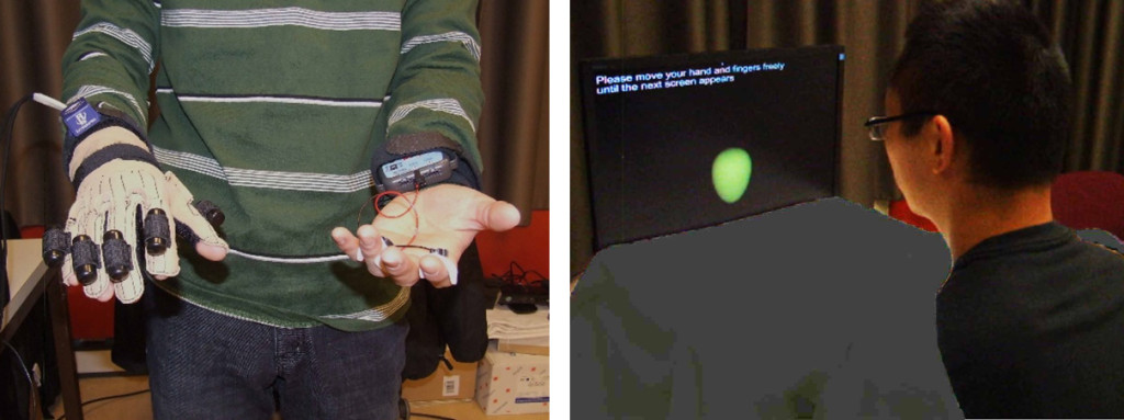 Fig. 1. Participants (Left) wore an orientation tracker and a data glove on their right hand, (Right) which was covered by cloth and a wooden box, and they saw a virtual balloon that they could make grow or shrink by opening or closing their hand, accordingly. The figure shows Ke Ma, the first author of the cited article.