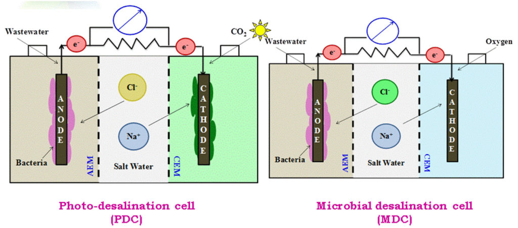 利用非生物阴极和生物阴极的微生物辅助脱盐机理示意图